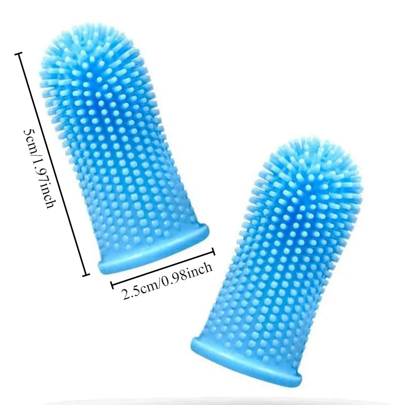 Blue silicone finger toothbrush for dogs and cats with ultra-soft bristles and storage case, ideal for pet grooming and dental hygiene.