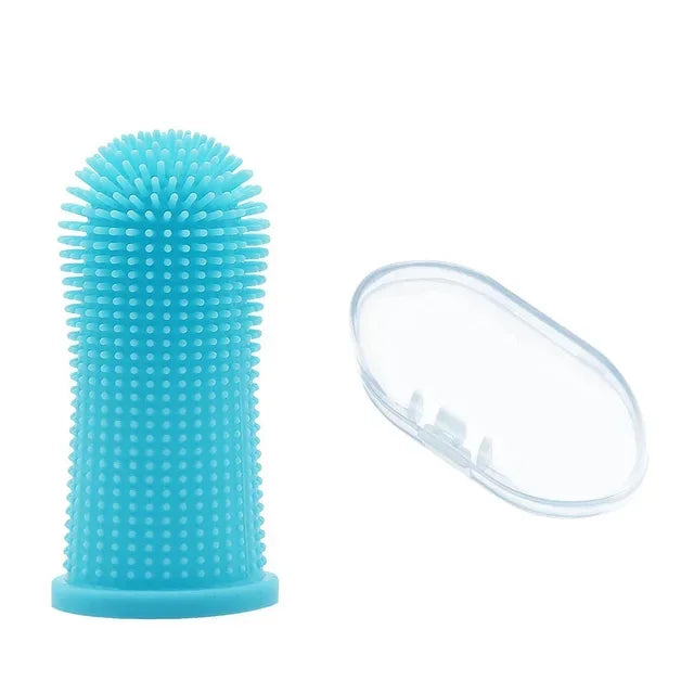 Blue silicone finger toothbrush for dogs and cats, ultra-soft, non-toxic pet grooming tool with storage case by FanzyMarket.