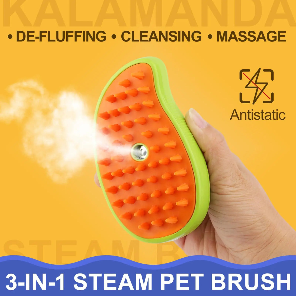 FanzyMarket 3-in-1 Pet Steamy Brush for cats and dogs, electric spray groomer with silicone massage and hair removal features.