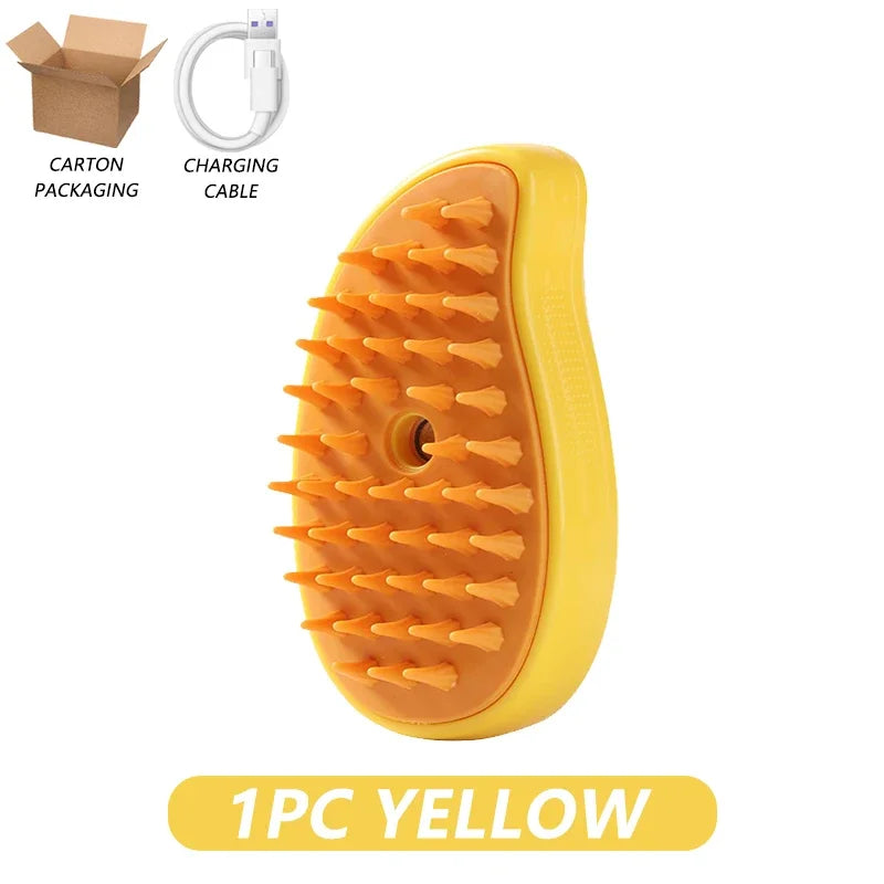 FanzyMarket 3-in-1 Pet Steamy Brush for cats and dogs, electric spray groomer with silicone massage and hair removal features.