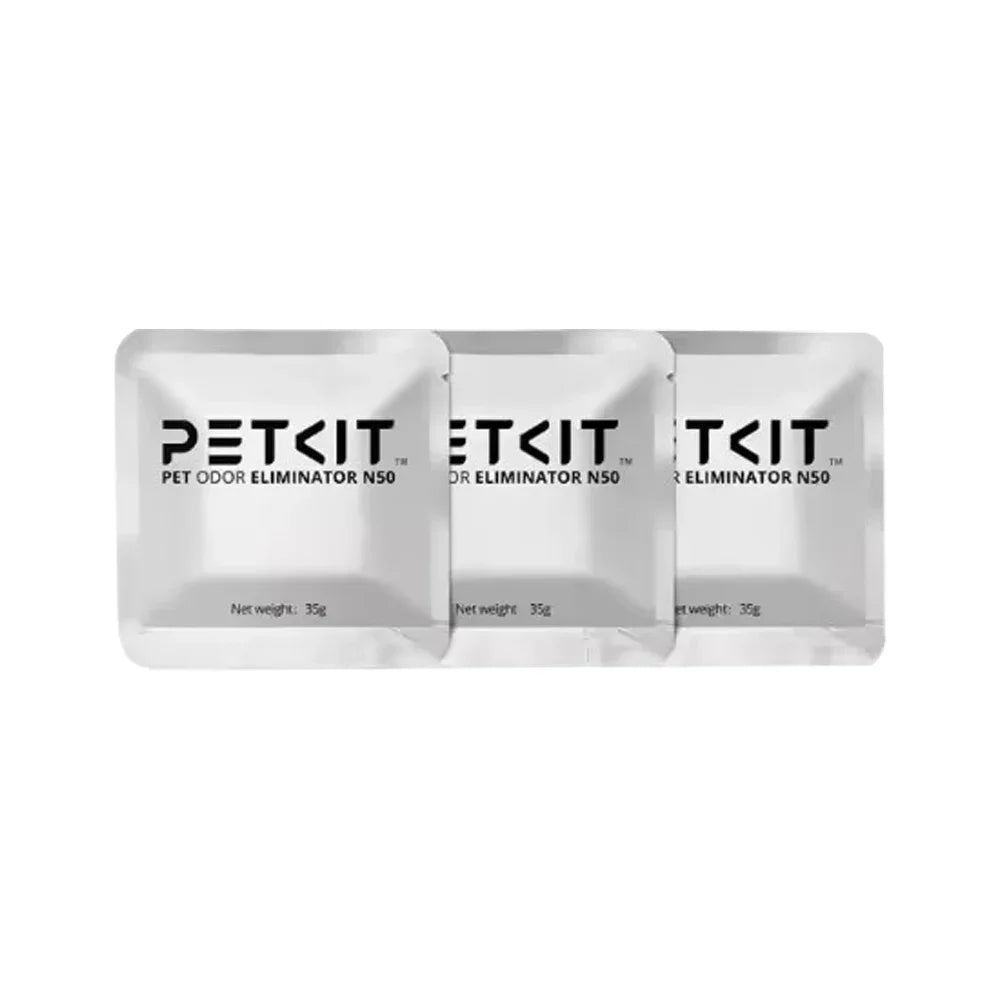 Three FanzyMarket odor eliminator cartridges for self-cleaning cat litter boxes, compact 5x5x1 cm, designed for pet hygiene.