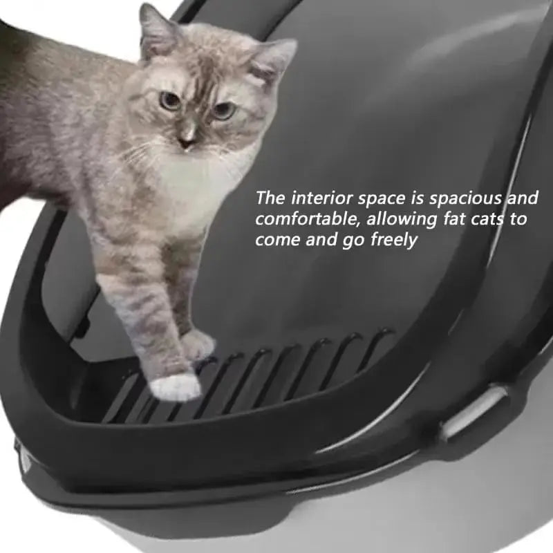 Gray semi-enclosed cat litter box with high sides from FanzyMarket, splashproof design ideal for indoor cat grooming and hygiene.