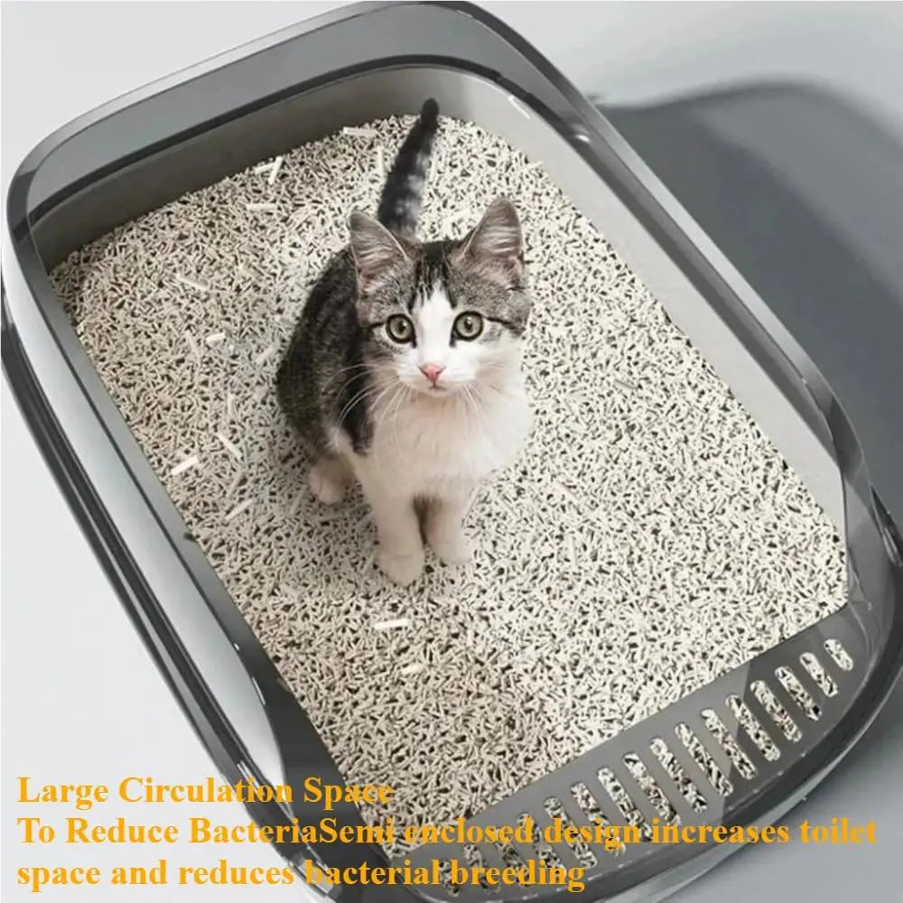 Gray semi-enclosed Cat Litter Box by FanzyMarket with high sides, splashproof design, ideal for indoor kittens and cats.