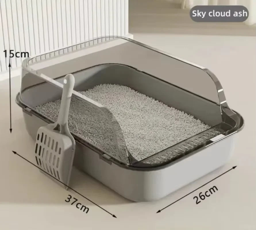 Gray semi-enclosed Cat Litter Box by FanzyMarket with high sides, splashproof design, ideal for indoor kittens and cats.