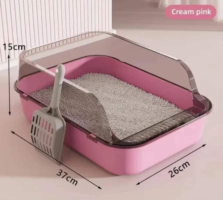 Gray semi-enclosed cat litter box with high sides, splashproof design, ideal for indoor kittens, from FanzyMarket pet supplies.