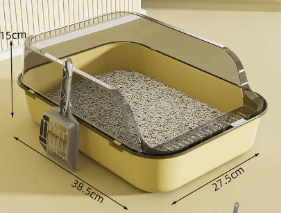 Gray semi-enclosed cat litter box by FanzyMarket with high sides and splashproof design for indoor use.