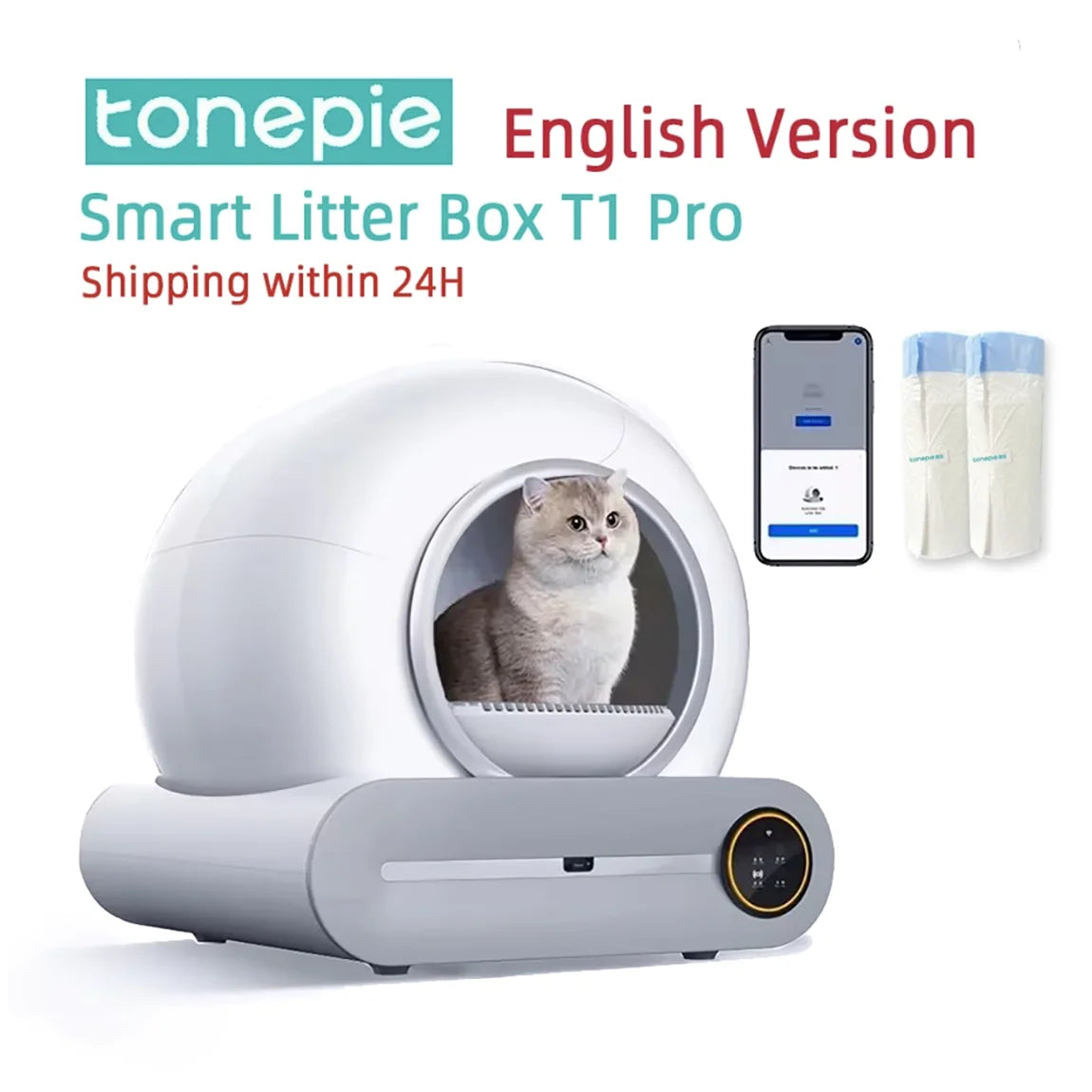FanzyMarket 65L automatic self-cleaning enclosed cat litter box with smart app control and low-noise operation for hygienic pet care.