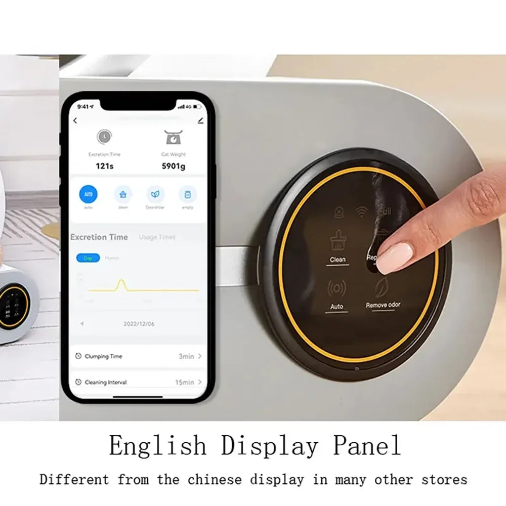 FanzyMarket 65L automatic self-cleaning enclosed cat litter box with smart app control and low-noise design for pet hygiene.