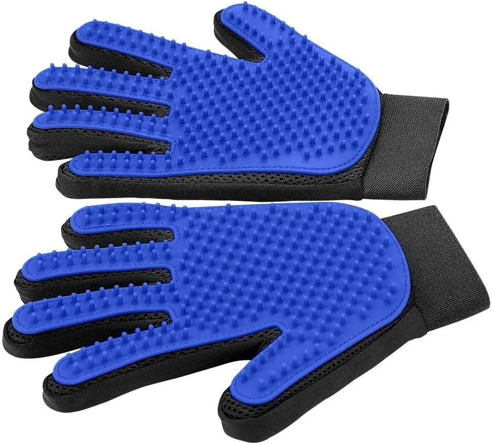 FanzyMarket pet grooming gloves for dogs and cats, left and right, blue deshedding hair remover and massage brush in a 2-pack.