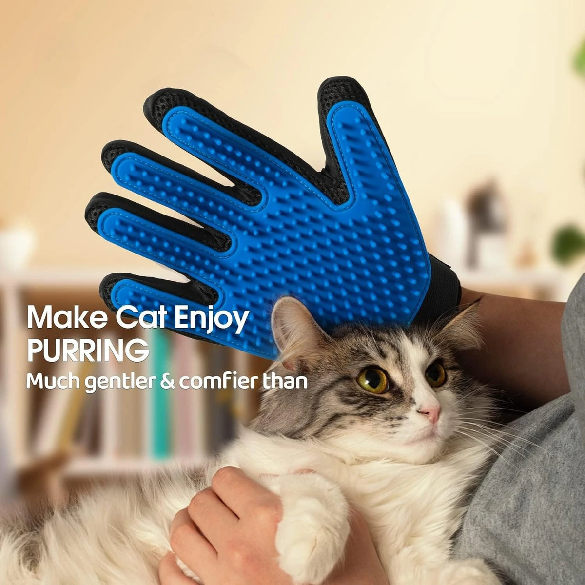 FanzyMarket pet grooming gloves for dogs and cats, 2-pack, with deshedding hair remover and massage brush on blue gloves, left and right.