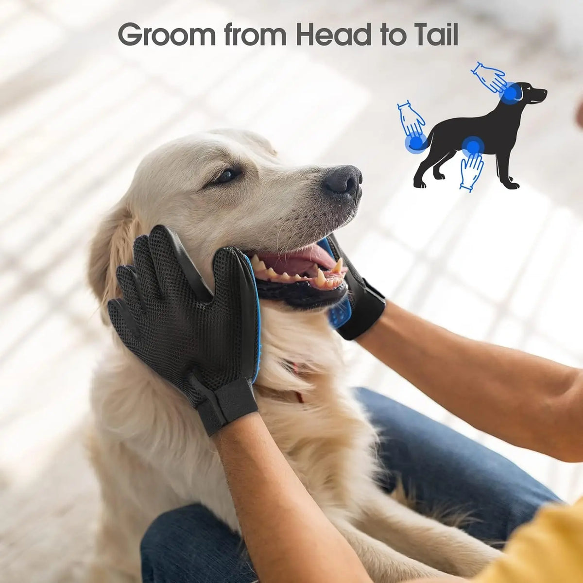 FanzyMarket 2-pack pet grooming gloves for dogs and cats, blue deshedding hair remover and massage brushes for left and right hands.