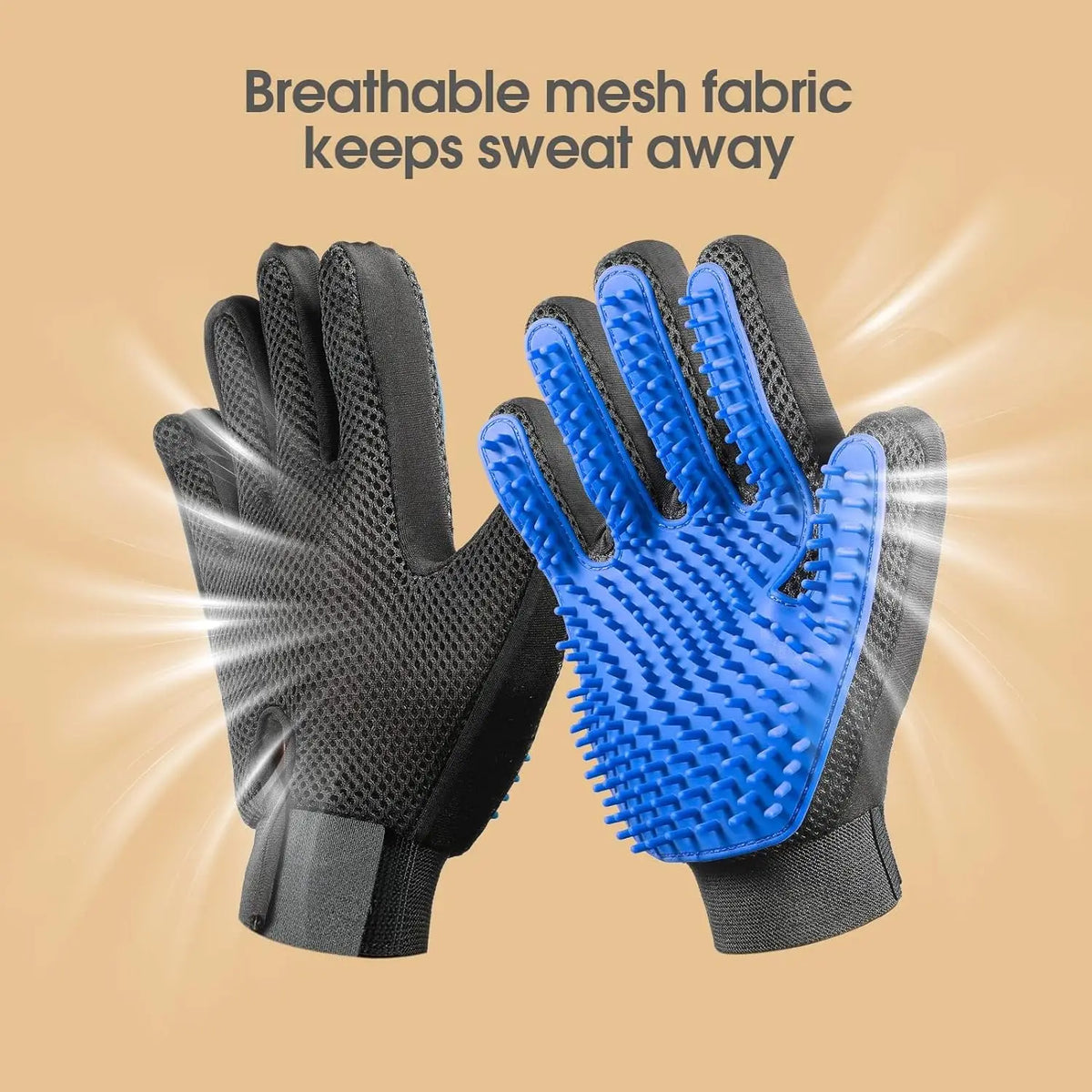 FanzyMarket 2-pack pet grooming gloves for dogs and cats, blue deshedding hair remover and massage brushes for left and right hands.