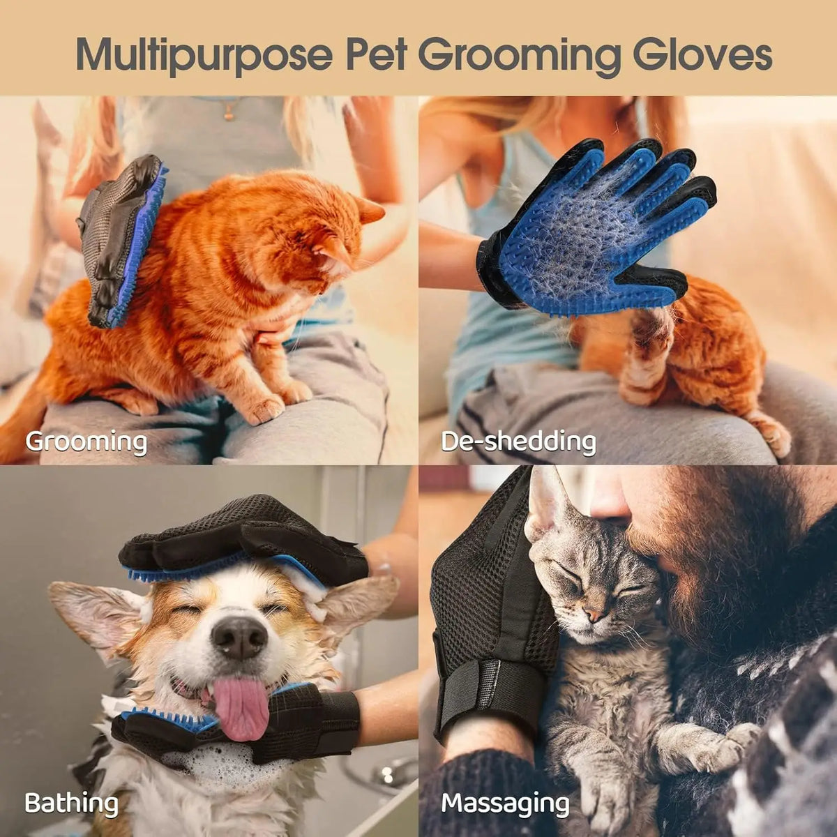 FanzyMarket 2-pack pet grooming gloves for dogs and cats, deshedding hair remover and massage brushes, blue, left and right-handed.