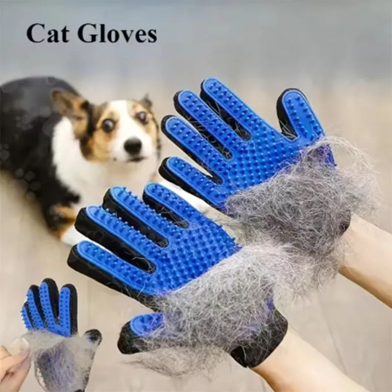 Blue silicone pet grooming glove for dogs and cats, right-hand deshedding brush and massage mitt, 16x24 cm by FanzyMarket.