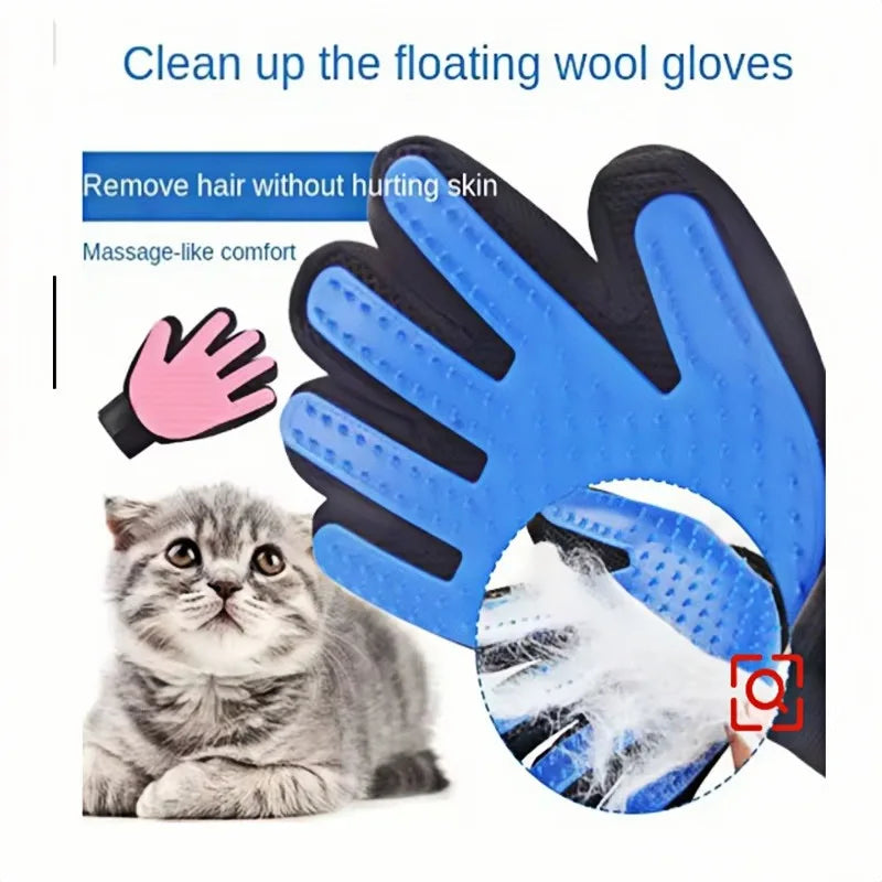 Blue silicone pet grooming glove for dogs and cats, right-hand deshedding brush and massage mitt, 16x24 cm.