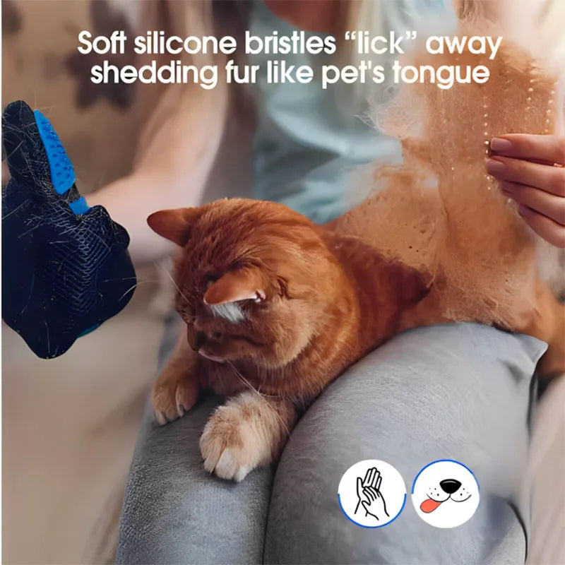 Blue silicone pet grooming glove for dogs and cats, right-hand deshedding brush and massage mitt, 16x24 cm.