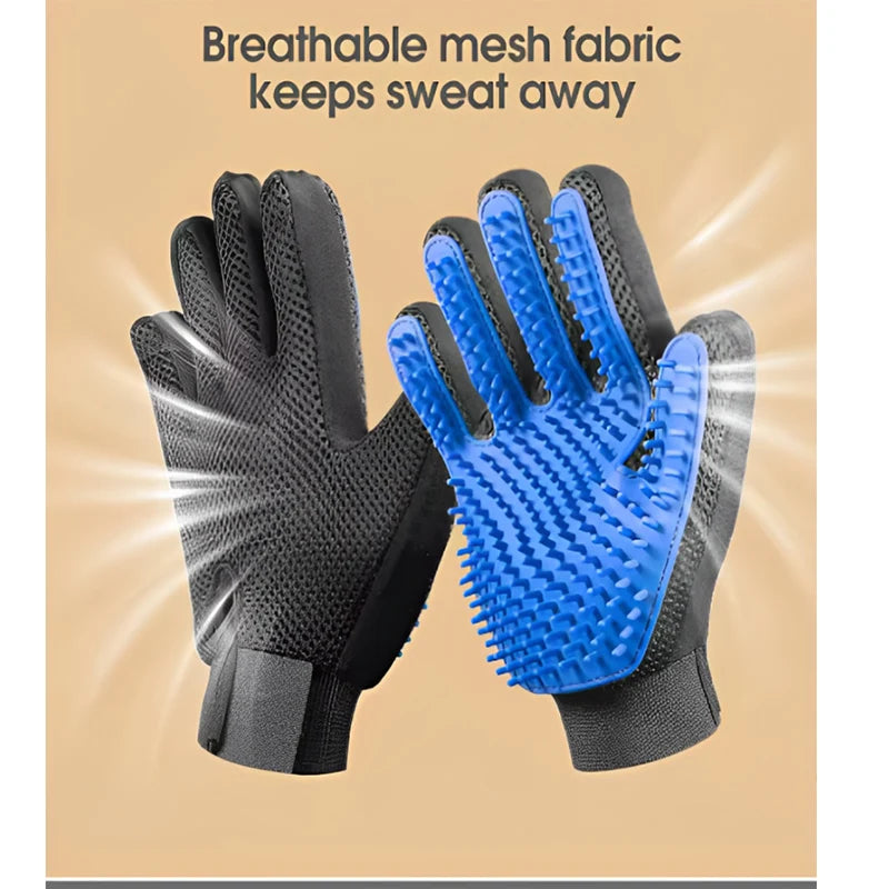Blue silicone pet grooming glove for dogs and cats, right-hand deshedding brush and massage mitt, 16x24 cm.