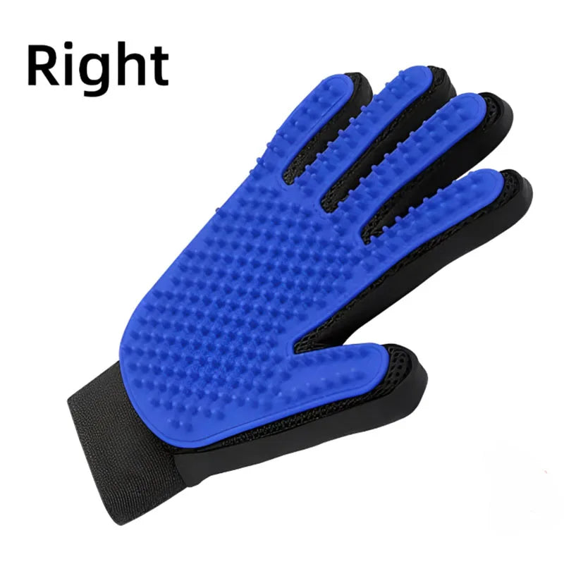 Blue silicone pet grooming glove for dogs and cats, right-hand deshedding brush and massage mitt, 16x24 cm by FanzyMarket.