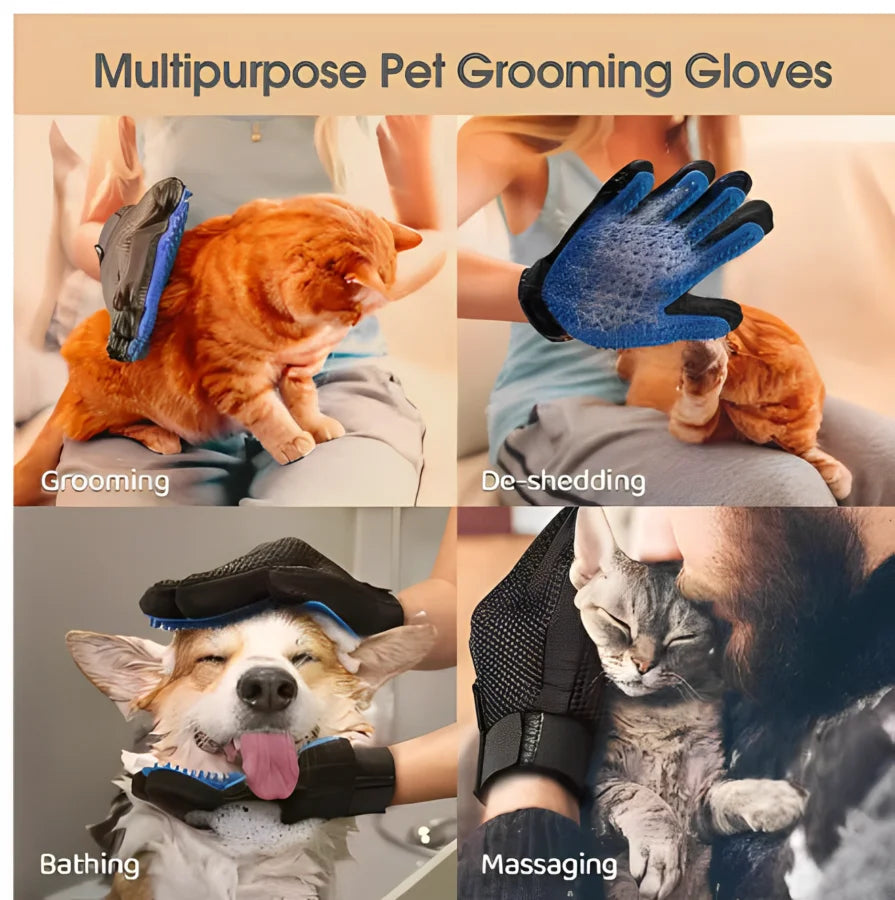 Blue silicone pet grooming glove for dogs and cats, right-hand deshedding brush and massage mitt, 16x24 cm.