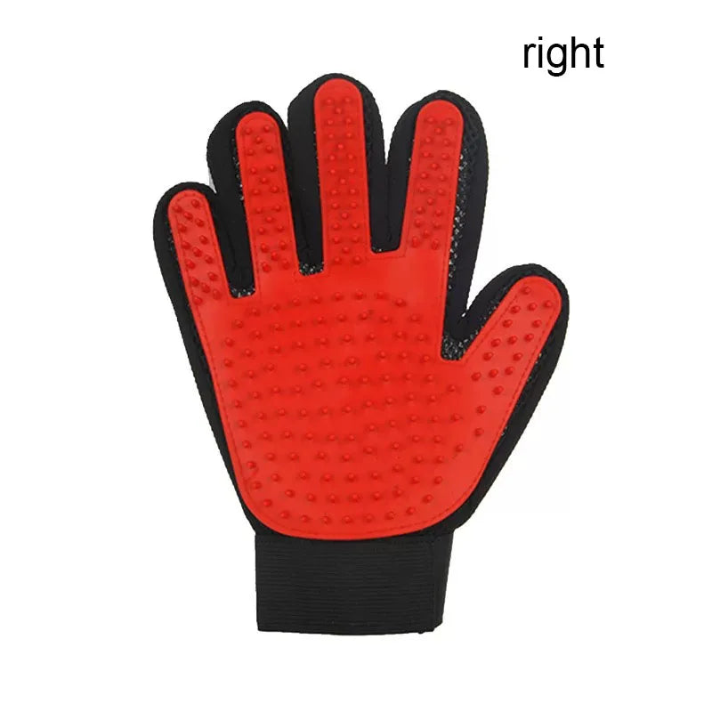 Blue silicone pet grooming glove for dogs and cats, right-hand deshedding brush and massage mitt, 16x24 cm.