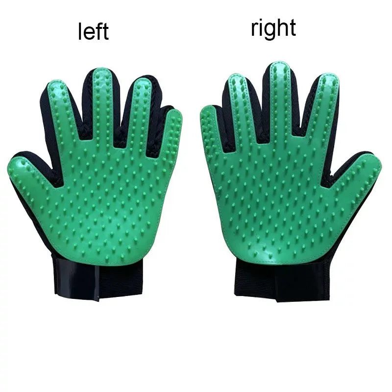 Blue FanzyMarket silicone pet grooming glove for dogs and cats, right-hand deshedding brush and massage mitt, 16x24 cm.