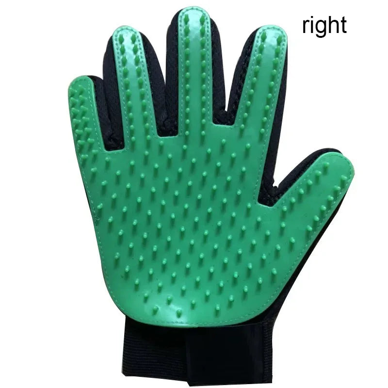 Blue silicone pet grooming glove for dogs and cats, right-hand deshedding brush and massage mitt, 16x24 cm.
