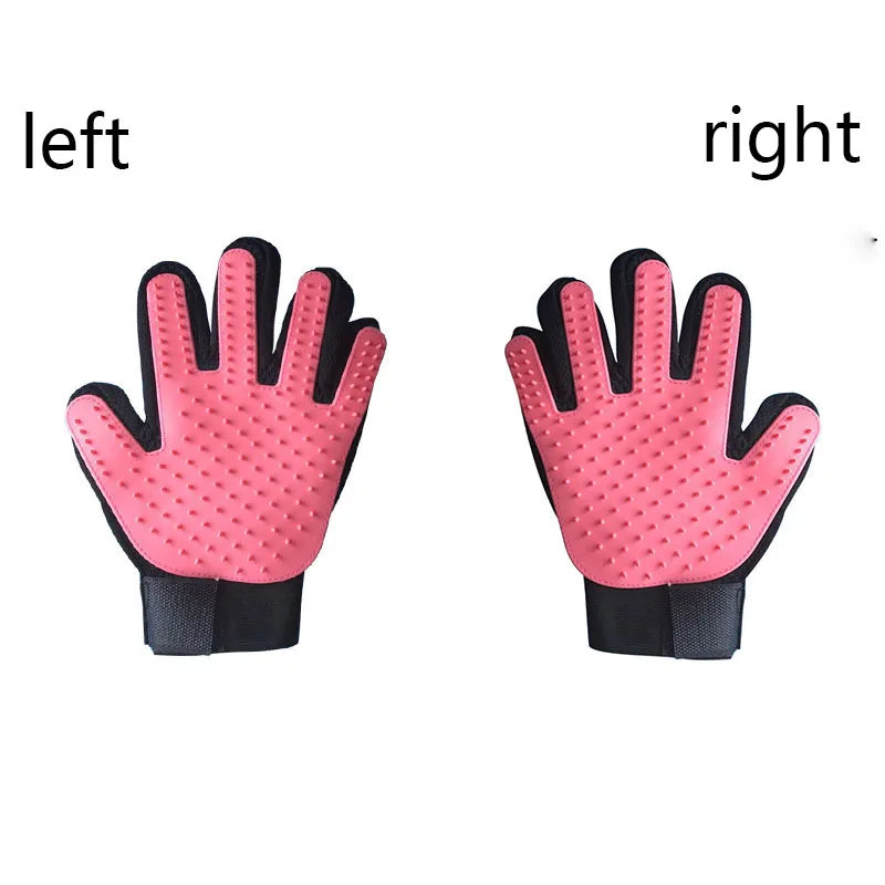 Blue silicone pet grooming glove for dogs and cats, designed for deshedding and massage, fits on the right hand.