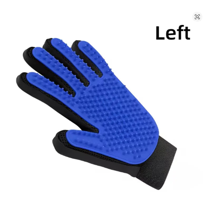Blue silicone pet grooming glove for dogs and cats, right hand, deshedding and massage mitt, 16x24 cm, FanzyMarket pet supplies.