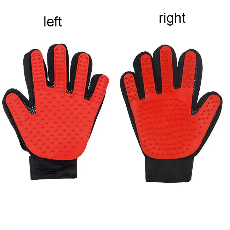 Blue silicone pet grooming glove for dogs and cats, right-hand deshedding brush and massage mitt, 16x24 cm.