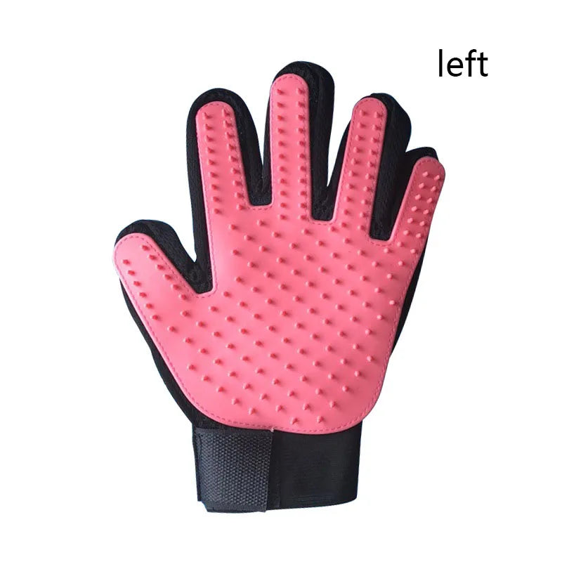 Blue silicone pet grooming glove for dogs and cats, right-hand deshedding brush and massage mitt, 16x24 cm from FanzyMarket.