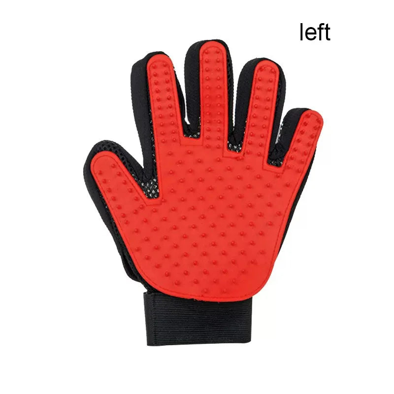 Blue silicone pet grooming glove for dogs and cats, right hand deshedding brush and massage mitt, 16x24 cm.