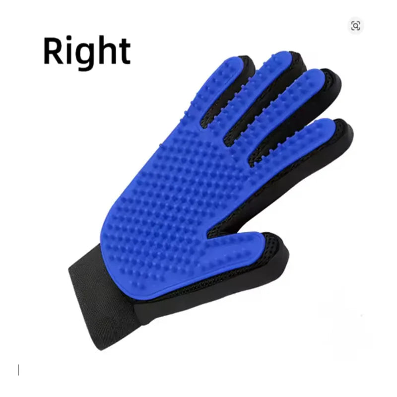 Blue silicone pet grooming glove for dogs and cats, right-hand deshedding brush and massage mitt, 16x24 cm.