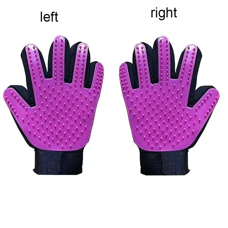Blue silicone pet grooming glove for dogs and cats, right-hand deshedding brush and massage mitt, 16x24 cm.