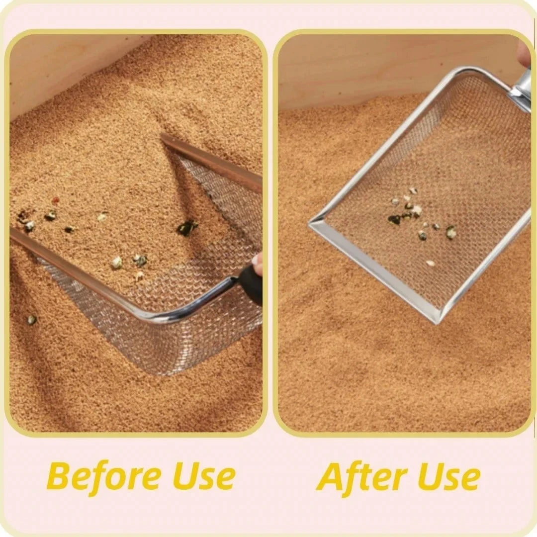 Large aluminum alloy cat litter scoop with long handle and stainless steel shovel for easy cleaning and hygiene.