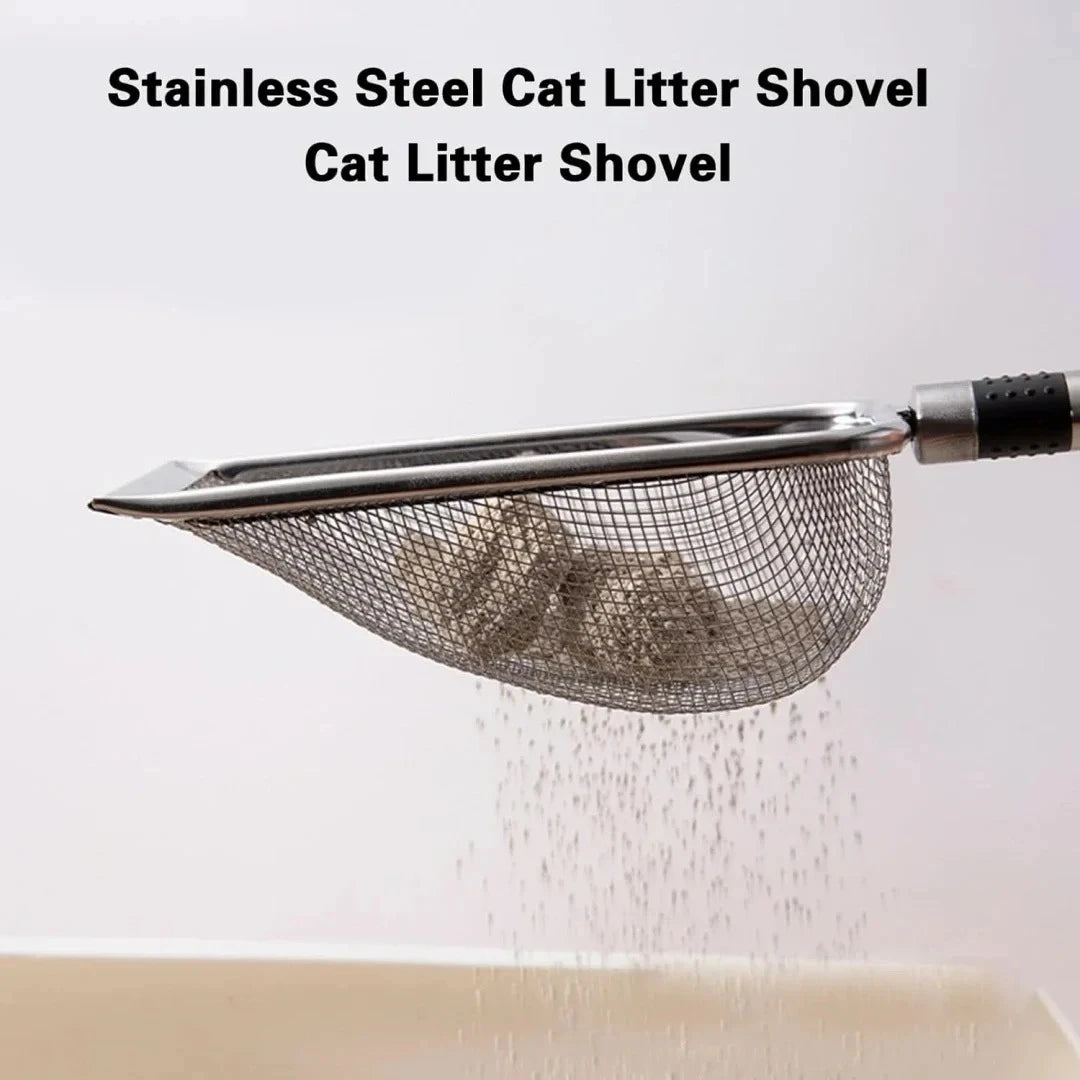 Large aluminum alloy cat litter scoop with long stainless steel handle, ideal for easy and hygienic cleaning of cat litter boxes.
