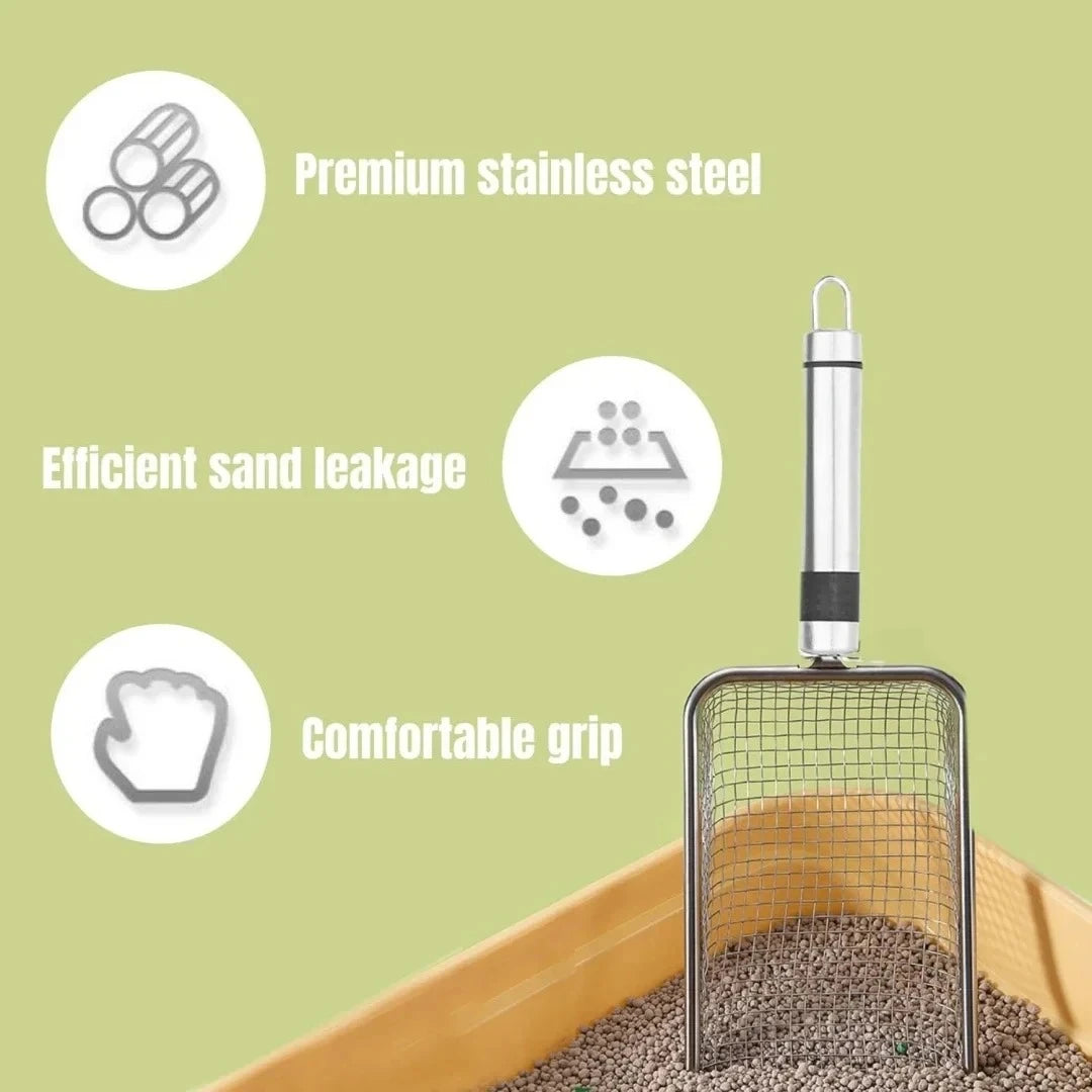 Large aluminum alloy cat litter scoop with stainless steel shovel and long handle for easy cleaning and hygiene.