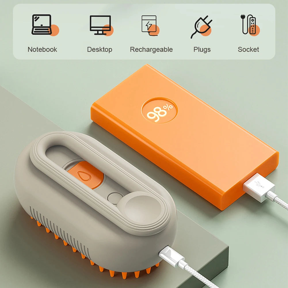 FanzyMarket USB rechargeable pet grooming brush with spray, electric massage comb for cats and dogs with 20ml reservoir.
