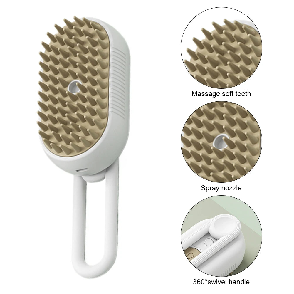 FanzyMarket USB rechargeable pet grooming brush with spray for cats and dogs, featuring electric massage and 20ml reservoir for short and long hair.