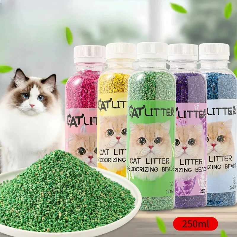 FanzyMarket cat litter deodorizer beads bottle, pet odor eliminator and litter box freshener with green beads in clear bottle.