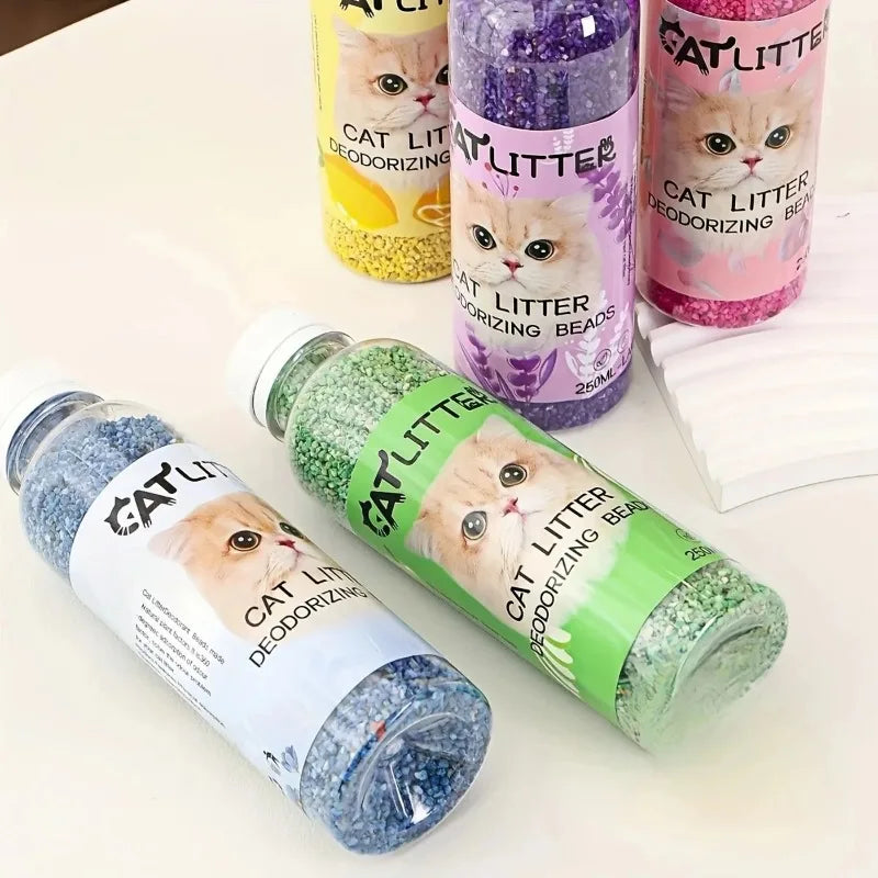 FanzyMarket cat litter deodorizer beads in a green bottle, odor eliminator and litter box freshener for pet hygiene.