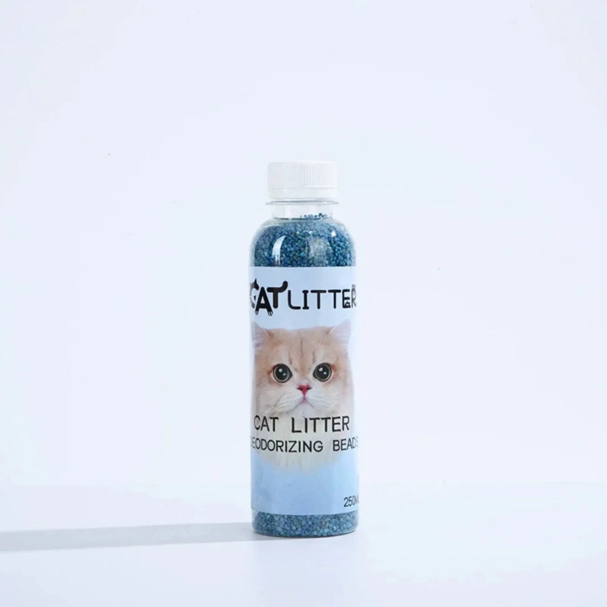 FanzyMarket cat litter deodorizer beads bottle, odor eliminator and freshener for litter boxes, green plastic bottle.