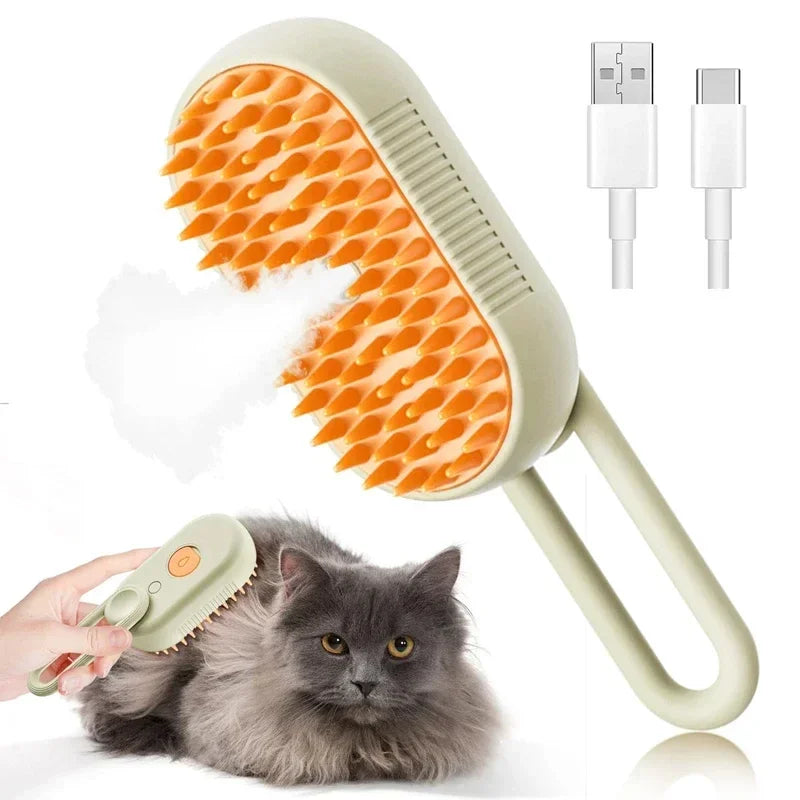FanzyMarket 3-in-1 steam pet grooming brush with spray, massage, and hair removal features for cats and dogs, rechargeable USB.