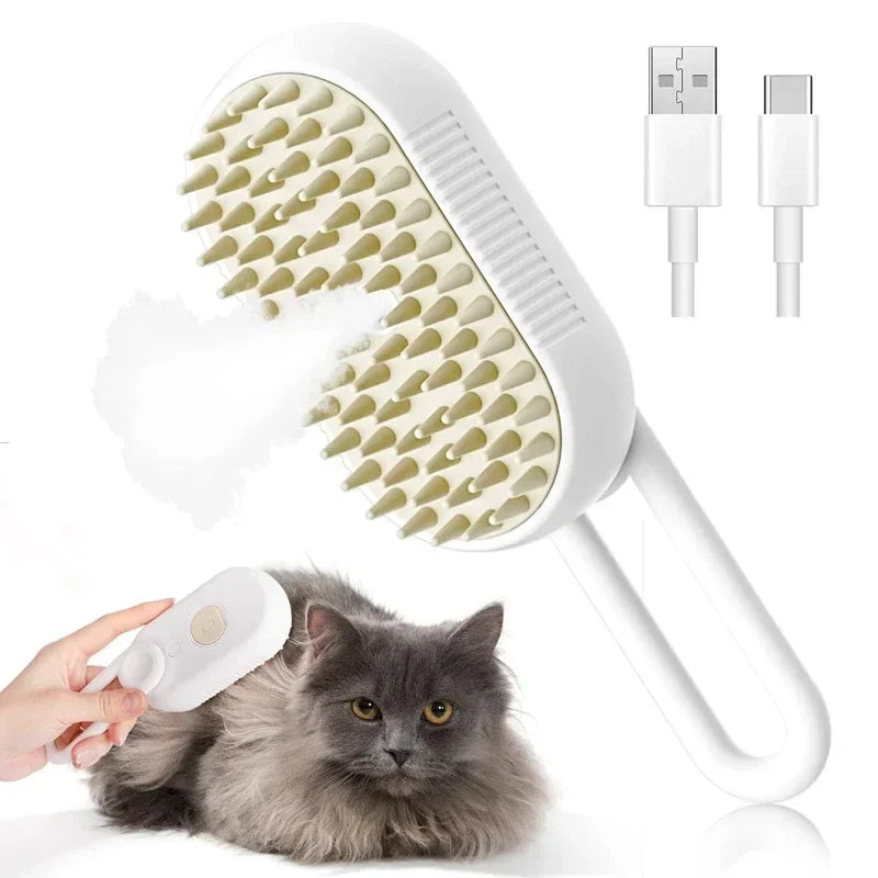 FanzyMarket steam pet grooming brush for cats and dogs, 3-in-1 spray massage comb, rechargeable and easy to use.