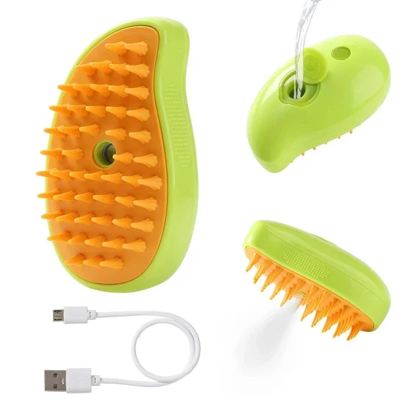 FanzyMarket 3-in-1 steam pet grooming brush with spray massage, USB rechargeable for cats and dogs, in green mango color.
