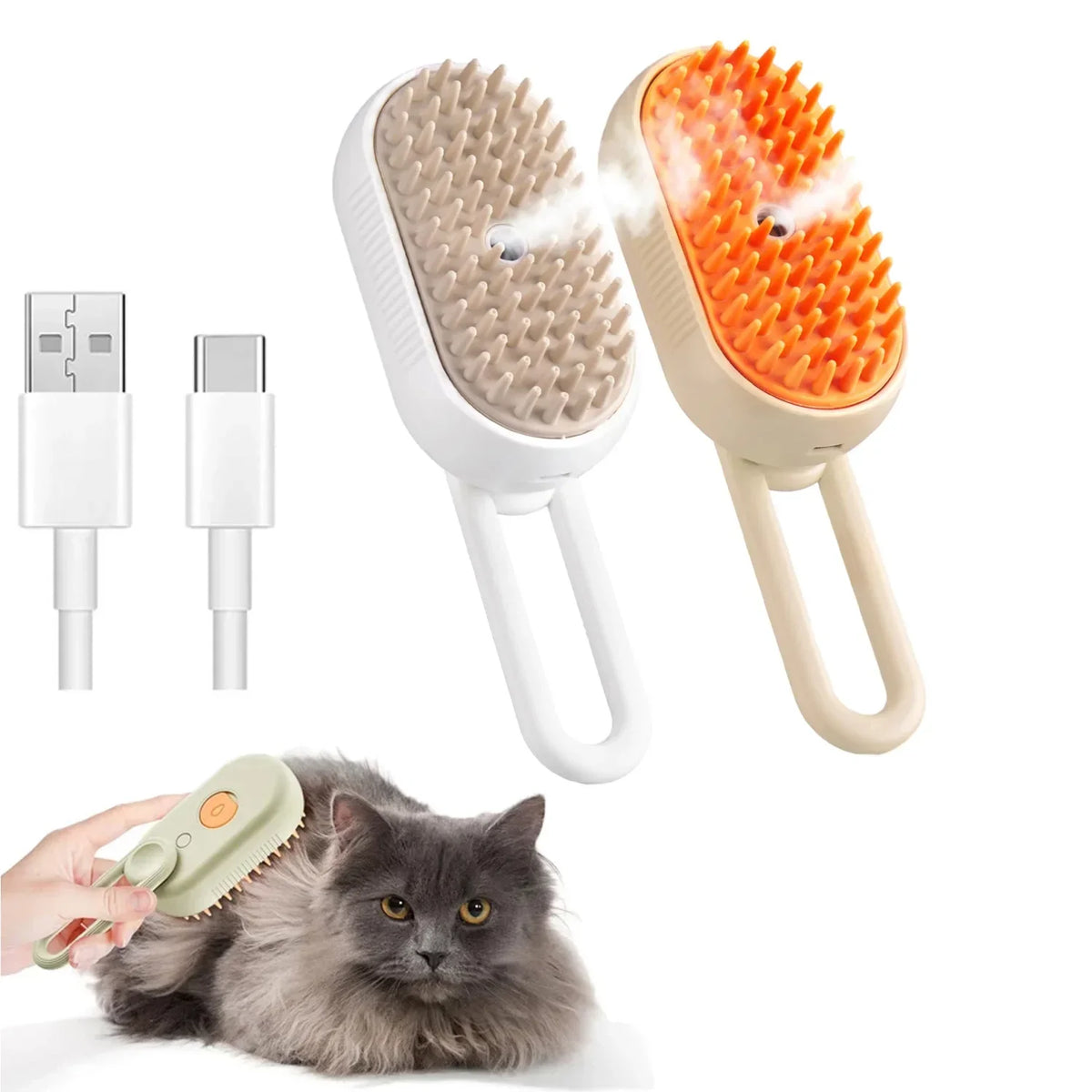 FanzyMarket steam pet grooming brush for cats and dogs, 3-in-1 spray massage comb with USB rechargeable design.