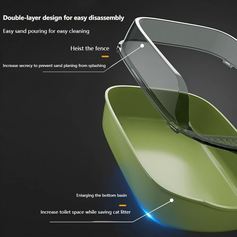 FanzyMarket semi-enclosed green cat litter box with anti-splash plastic tray, large capacity, measuring 15.7x10.2x5.9 inches.