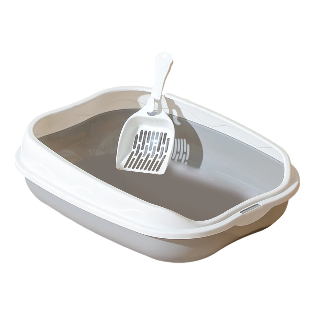 FanzyMarket semi-enclosed grey cat litter box with splash-proof, anti-scatter design, measuring 42x29x12 cm for large cats.