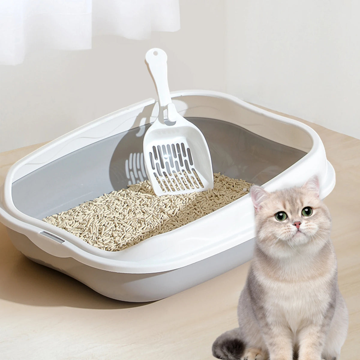 Large grey semi-enclosed FanzyMarket cat litter box with splash-proof, anti-scatter design, measuring 42x29x12 cm.