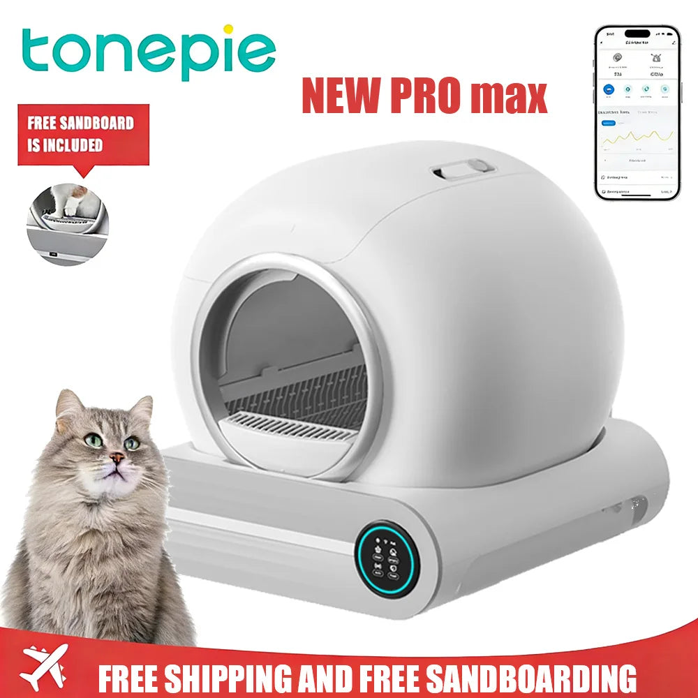 FanzyMarket 65L automatic self-cleaning enclosed cat litter box with app control and ionic deodorizer for pet grooming and hygiene.