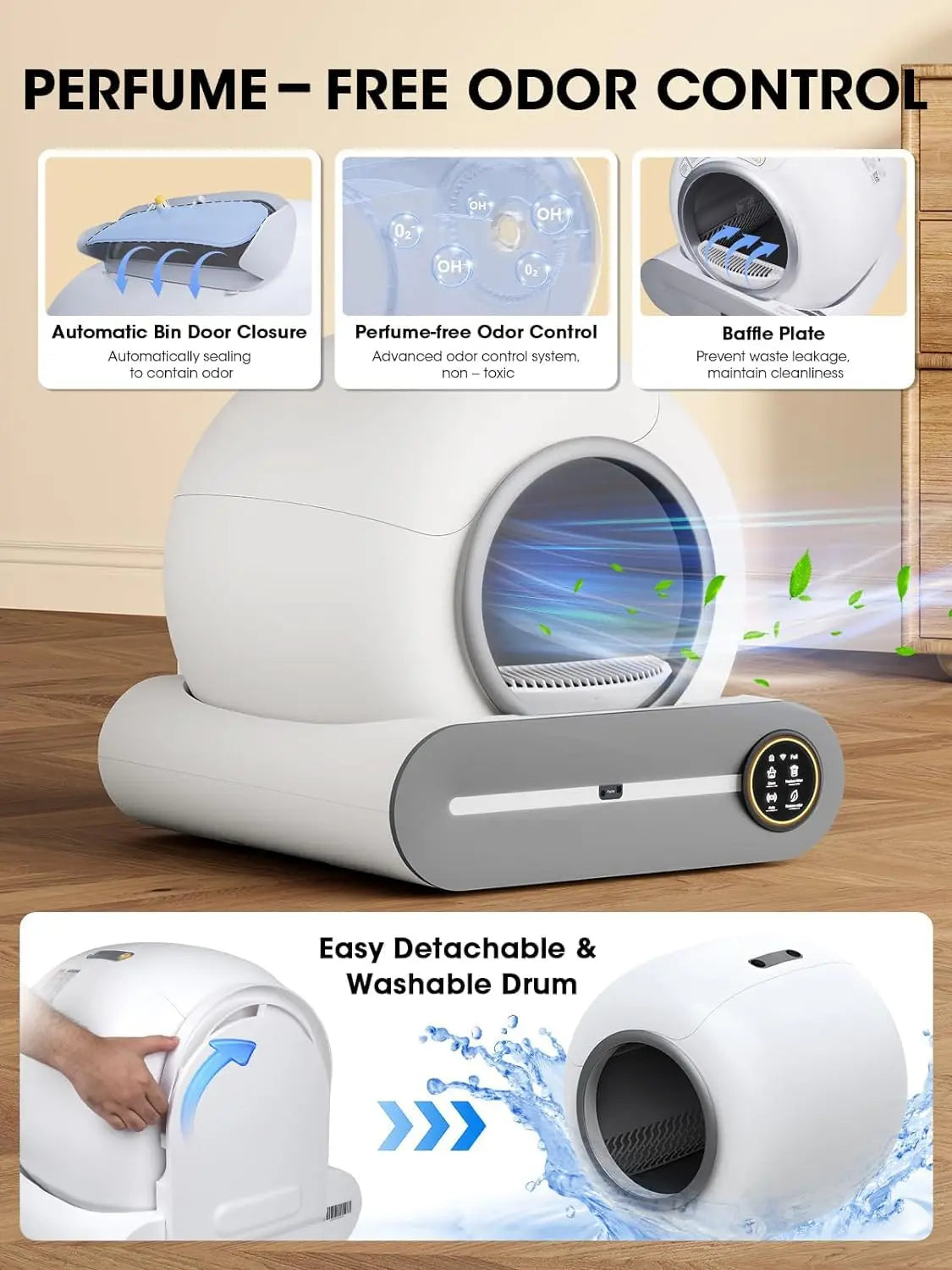 FanzyMarket 65L automatic self-cleaning enclosed cat litter box with app control and ionic deodorizer, shown with lid and digital controls.